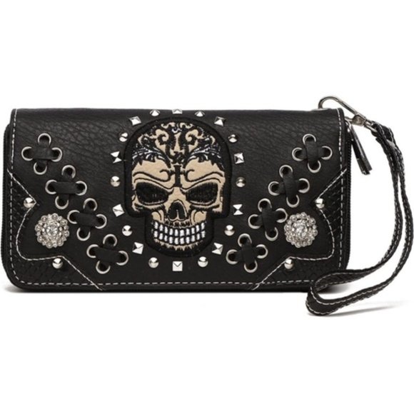 Set of 2 Bucket Bag and Wallet  Skull Punk Art Rivet Studded Vegan Leather - Picture 5 of 6